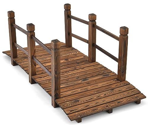 TANGZON 1.5M Wooden Garden Bridge, Decorative Arc Footbridge, Outdoor Walkway with Safety Railings for Pond, Backyard and Borders (Brown)