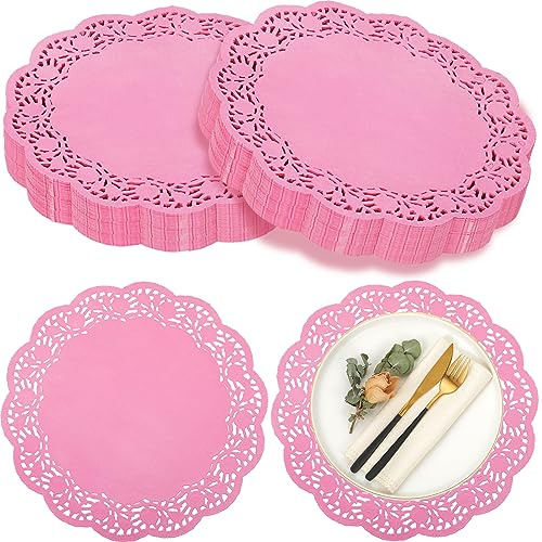 Yexiya Spitzendeckchen, Papierdeckchen, 35,6 cm, Einweg-Folien-Spitzen-Platzsets, groß, rund, Papierblock, Platzsets für Kuchen, Basteln, Hochzeit, Geburtstag, Party, Dekoration, Rosa, 200 Stück