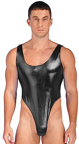 YiZYiF Herr wetlook body sexig glans metallisk bodysuit jumpsuit sport undertröja linne gymnastikdräkt tröja stringtrosa leotard party klubbkläder, A_svart, L