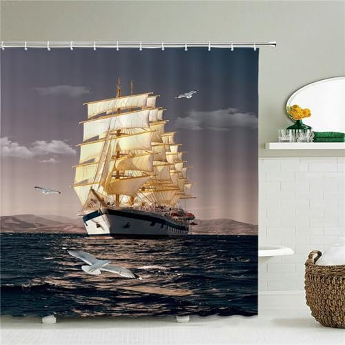 Guofuos Duschvorhang Seesegelboot 300x90cm Duschvorhäng Anti Schimmel,Wasserabweisend Stoff Duschrollo Waschbar,3D Draussen Bad Vorhang Schnell Trocknend,Badewanne Badezimmer Decor Vorhänge