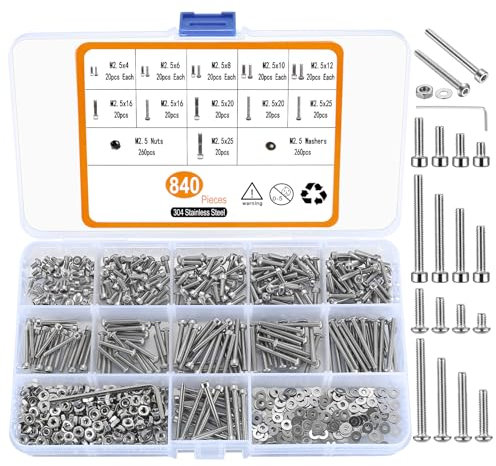 M2.5 Screw Set, 840 Hex Head Screws with Pan Head, Cylinder Nuts and Washers Assortment Kit, Thread Screws Cylinder, Stainless Steel Screw Set