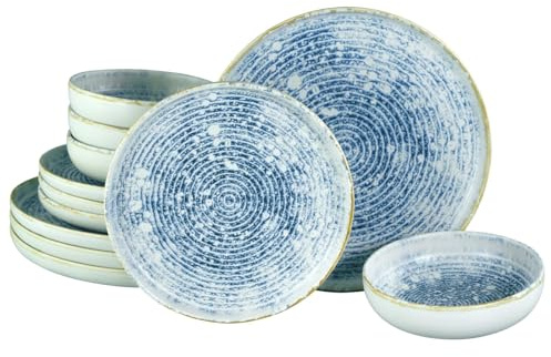 CreaTable, 21652, Serie Uno Mykonos, 12-teiliges Geschirrset, Teller Set aus Steinzeug, spülmaschinen- und mikrowellengeeignet, Made in Portugal