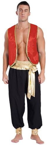 iiniim Herren Arabischer Kostüm Araber Prinz Outfits Weste Tops mit Pumphose Cosplay Halloween Kostüm Karneval Fasching Mottoparty Weinrot&Schwarz XL