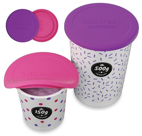 Qikfresh Reusable yoghurt pot lids 150-500g, 2 Pack (Purple) | Silicone lids for yoghurt, skyr, quark and cream, airtight, leakproof and reusable