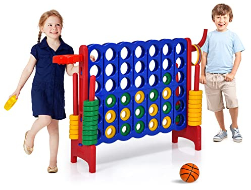 HOMASIS Riesiges 4 Gewinnt Spiel, 4 in Einer Reihe Spiel mit Basketballkorb & Wurfspiel, Strategiespiel mit 42 Ringen, XXL Brettspiel Spielzeug für Kinder & Erwachsene Outdoor (Blau + Rot)