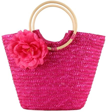 FUNSEED Stroh-Strandtasche für Damen, große Kapazität, handgefertigt, gewebte Blume, Schultertasche für Sommer, Strand, Reisen