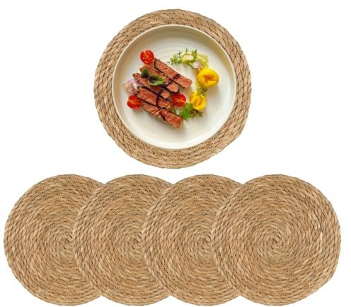 Round Woven Placemats Set of 4, 12 Boho Rattan Placemats Natural Hand-Woven Place Mats Table Decor, Chargers for Dinner Plates, Farmhouse Place Mats, Wicker Table Mats for Dining Table, Home