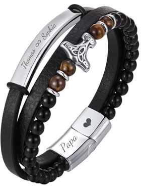 Gamtic Leder Armband Herren Geschenke für Männer - Premium Edelstahl Wikingerarmband Personalisierte Armband mit Gravur Schmuck Herren Geschenk für Ihn Mann Freund Papa Sohn
