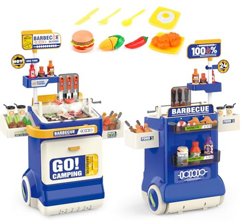 Kinder BBQ Grill Set mit Küchenzubehör, Realistischer Rauch und Soundeffekte, Schneidespielzeug - Küchenset Geschenke (Blau)