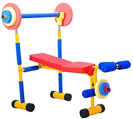 Kinder-Hantelbank mit Langhantel und verstellbarer Bauch-Sit-Up-Bank, Spaß- und Fitness-Übungsgerät für Kinder, multifunktionales Bankdrücken für Kinder, Heim-Fitness-Studio