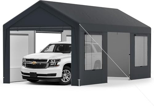 GYMAX Garagenzelt 5,95 x 3 m, extra großes Carport mit 8 abnehmbaren Seitenwänden & PE-Abdeckung, Unterstand Lagerzelt, Weidezelt für Auto, LKW & Boote