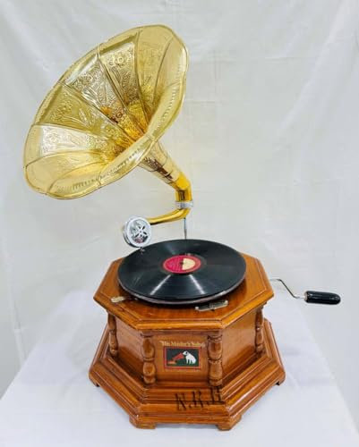 Gramophone vintage réplique de gramophone à l'aspect ancien, base en bois avec sculptures florales, haut-parleur en corne dorée (base marron clair avec 8 cônes gramophone)