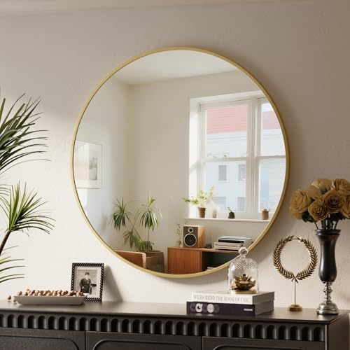 BEAUTYPEAK 46 cm rund spegel, okrossbar väggspegel med aluminiumram, badrumsspegel för upphängning och lutning, rund väggspegel för sovrum, badrum, vardagsrum guld