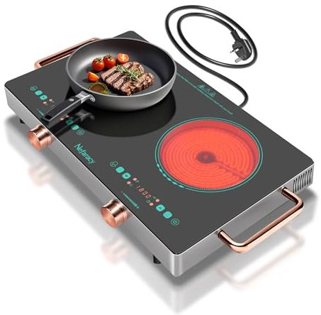 Nefaracy Double Electric Hob, 3200W 2 Ring Ceramic Hob with Knob+Touch Control, 56cm Electric Hob with Handle, Countertop Hob, Safety Lock & Timer, 9 Power Levels, 220V-240V Plug in (Green)