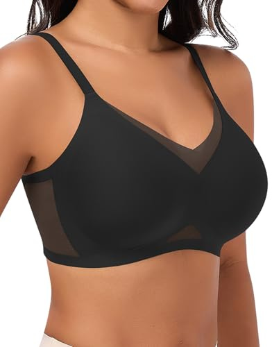 Jiuday Bequem BH ohne Bügel Spitze Mesh Damen BHS Große Brüste Starker Halt Soft Nahtloser Push Up BH ohne Buegel Gepolstert Stütz Bügellos Bralette (Schwarz,3XL)
