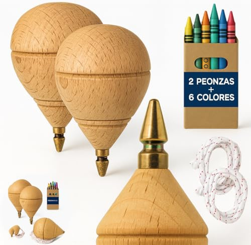 AF® - Kreisel aus Holz, Set mit Kreiseln für Kinder + Buntstifte für Kinder, Personalisieren Sie Ihren Trompo aus Holz (2 Minis und 6 Wachsmalstifte)