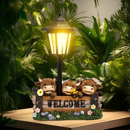 KTCINA Solar Highland Cow Garden Ornament with Flower Decoration, Funny Light Lantern Statue for Outdoor Yard, Patio, Lawn, and Pathway (Style1)