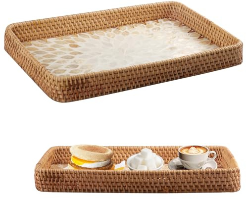 Doafoce Grand Plateau 38cm x 24cm Plats et Plateaux Vintage en Rotin Mosaïque de Coquillages Plateaux Décoratifs de Style Bohème Plateau de Service Rectangulaire
