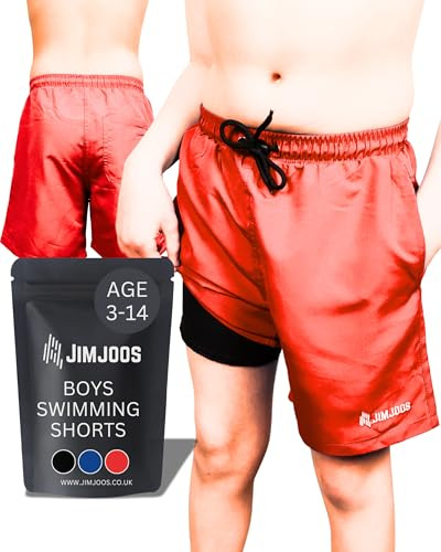 JIMJOOS Boys Swimming Shorts (Ages 3-14) – Quick-Dry Swim Trunks with Adjustable Drawstring & Boxer Mesh Lining – Kids Swim Shorts with Pockets (13-14 Years, RED)