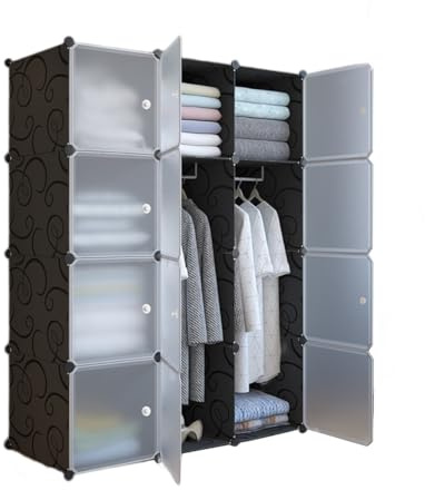 PortoAlegre Kleiderschrank aus Kunststoff, DIY Regalsystem, Tragbarer Garderobenschrank, Regal mit Türen, Steckregal 12 Würfel, mit 2 Kleiderstange, Schlafzimmerschrank 111 x 47 x 147cm