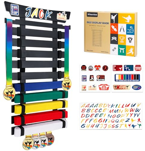 Winartton 10 Belts Karate Belt Display Rack with Stickers, Taekwondo Belt Display with Medal Holder, Martial Arts Belt Display, Jiu Jitsu & BJJ Belt Hanging Holder for Martial Arts Learner, Adult
