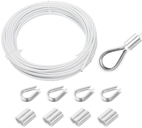 sourcing map Cavo in acciaio inossidabile 304, 10 m, rivestito in vinile da 3 mm, con 4 manicotti in alluminio e ditale per ringhiere, terrazze, appendere, stendibiancheria, bianco, 10 m