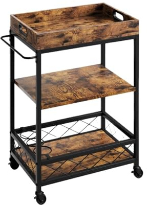 Arrangör Vagn med Barvagnar för hemmet, barvagn, serveringsvagn med hjul, 3-vånings barvagn med vinställ, hjullås kitchen island(Brown)