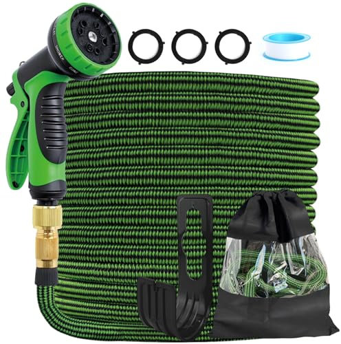 CNMTCCO Expandable Garden Hose Pipe, Flexible Hose Pipe with 10 Function Spray Nozzle, Latex-Core Leak-Proof Garden Water Hose with 1/2 3/4 Solid Brass Fittings for Gardening＆Car Washing (100FT)