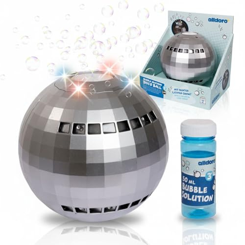 alldoro LED Seifenblasenmaschine Discokugel mit Leuchteffekt, 13 cm, Silber | inkl. 50 ml Seifenblasenflüssigkeit, auslaufsicherer, integrierter Tank, Seifenblasen-Spielzeug für Kinder ab 3 Jahren