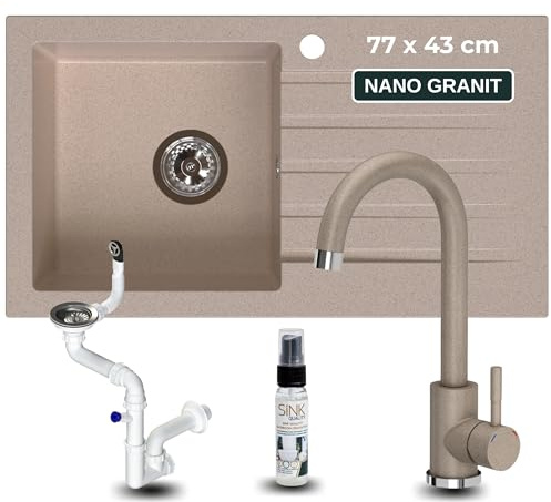 SINK QUALITY Küchenspüle beige mit Armatur - Spülbecken 77x43 cm - inkl. Siphon und Imprägniermittel - Einbauspüle für 45er Unterschrank - Granitspüle mit Abtropffläche