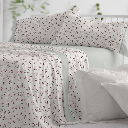 Burrito Blanco | Juego de Sábanas 50% Algodón 50% Poliéster Cama 90 Cereza | 3 Piezas: Bajera, Encimera y Funda Almohada | 144 Hilos | Tacto Suave | Larga Duración