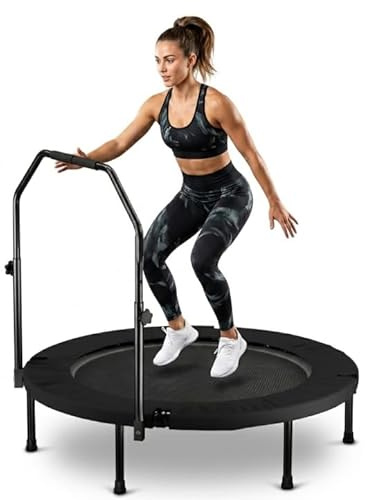Fitness Trampolin Klappbar 101cm mit Höhenverstellbarem Haltegriff - Indoor Garten Minitrampolin für Erwachsene & Kinder - Stabiles Ganzkörpertraining Gelenkschonend mit Standard-Federn Schwarz