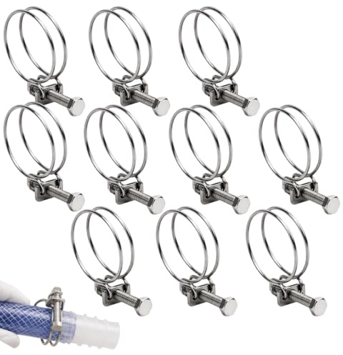 10-Piece Double Wire Hose Clips, 25-29mm 304 Stainless Steel Hose Clamps, Adjustable Wire Pipe Clamps Plumbing Fastener for Pond, Garden and Automotive Hoses