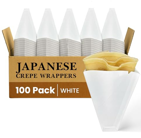 Friteshop White Japanese Crepe Wrappers – Disposable Food-Safe Cones for Crepes, Desserts – Heavy Duty Paper Food Containers – Easy-Tear Perforated Front – For Food Trucks & Catering - 100 pack