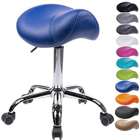 1stuff Sattelhocker Sattelstuhl MULY - Sitzhöhe bis ca. 74cm, Blau | 1stuff Markenqualität vom Fachhändler aus DE, ergonomischer Rollhocker Arzthocker Praxishocker Drehhocker 360°
