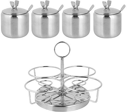 Revolving Spice Rack Organizer with 4 Stainless Steel Spice Jars with Spoons and Lids for Kitchen Countertop Cabinet