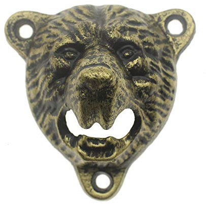 Aged Bronze Cast Iron Bottle Opener Wall Mounted with Retro Bear Head Grizzly Teeth Bite for Patio Farmhouse Garage Packed in Box