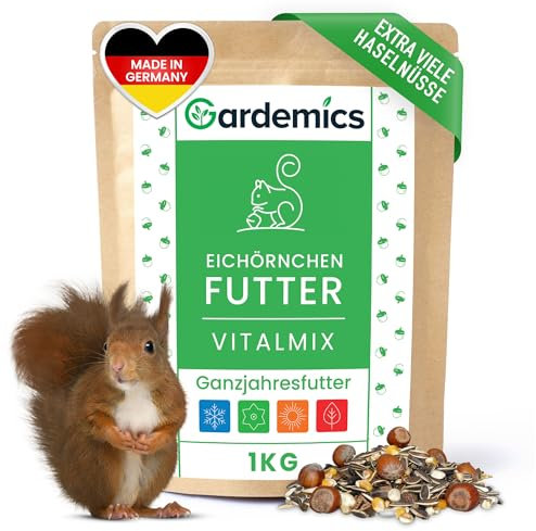 Gardemics Eichhörnchen Futter mit extra vielen Haselnüssen [1kg] I Artgerechtes Eichhörnchenfutter ohne Erdnüsse I Ganzjahresfutter für Eichhörnchen & Streifenhörnchen