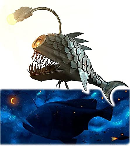 CAFELE Rustic USB Angler Fish Lamp, Shark Lamp Steampunk Style Table Lamp, Simulation Flame LED Bulbs Lights, Handmade Night Lights, Book Lights, Industrial Creative Decor for Home/Office (Large)