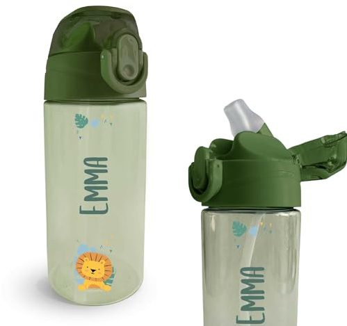 Stellasticker - Borraccia Personalizzata per Bambini con nome e un’icona - Ideale fuori casa, in gita, a scuola. Senza BPA. Lavabile in lavastoviglie, spazzola inclusa. 450 ml. (Verde scuro)