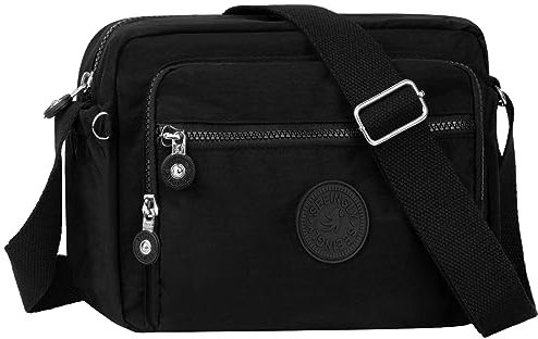 NEWIROVE Umhängetasche Damen Mittelgroß Nylon Wasserdicht Crossbody Bag Leichte Schultertasche Damen Handtaschen Mit Vielen Fächern Sportlich Umhängetasche Für Einkaufen, Reisen, Schule,Schwarz