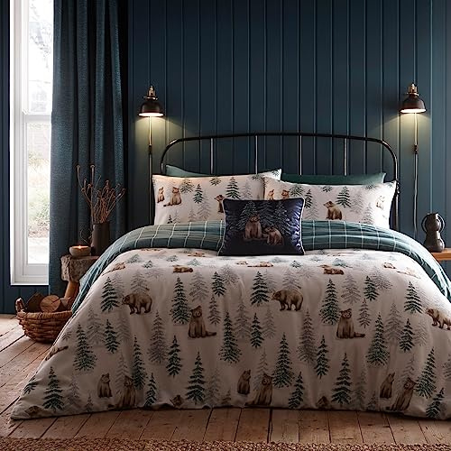 Dreams & Drapes Woodland Bear Parure de lit - Super King Size 260x220cm - Flanelle 100% Coton Brossé - Réversible - Carreaux Verts & Arbres - 2 Taies d'oreiller - Automne/Hiver