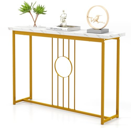 GIANTEX Tavolo Console da ingresso, ingresso stretto con piano in marmo imitazione e struttura in metallo dorato, tavolo laterale da 120 cm per corridoio, soggiorno, 120 x 30 x 80,5 cm