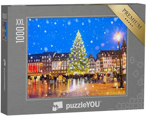 Puzzle 1000 Teile XXL „Weihnachtsmarkt am Kleber-Platz bei Nacht, Straßburg, Frankreich“ – aus der Puzzle-Kollektion Frankreich
