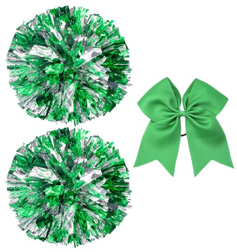JIHUOO 2 Pcs Metallic Cheerleading Pom Poms Foil Cheer Pom Poms Cheerleader Pom Poms Dance Team Poms with Large Hair Bows for Sports Team Spirit Cheering Green