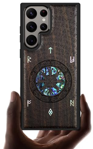 Carveit Handcrafted Case for Galaxy S24 Ultra (Viking-Red - Blackwood) | Samsung Galaxy S24 Ultra Case - Compatible with MagSafe Wireless charger - Wood Engraved Shell Inlaid - TPU Shockproof Bumper