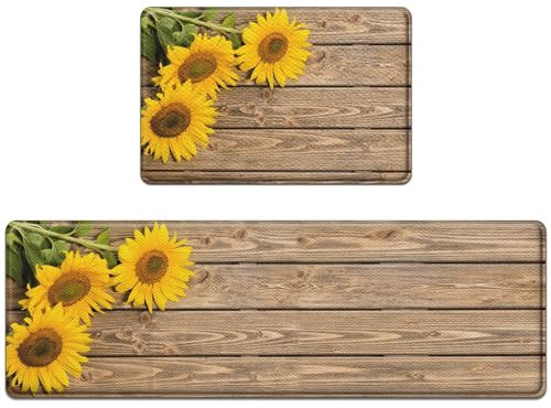 Nesphy Anti-Müdigkeit-Sonnenblumenteppich, 2er-Set gepolsterte Holzhintergrund, Küchenmatten für Boden, Stehmatte, wasserdicht, rutschfest, Küchenmatten und Teppiche, PVC, ergonomischer Komfortschaum,