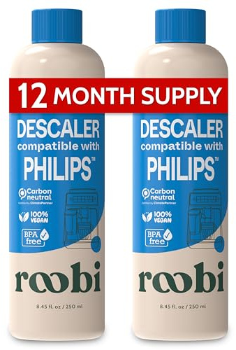 Roobi Compatible Philips Coffee Machine & Kettle Descaler. 2 Bottles, 2 Uses Each. Limescale Remover & Cleaner. Carbon Neutral & Eco-Friendly | Specially Formulated for Philips Espresso Machines & Saeco, Carbon Neutral Descaler Kit, 2 Uses per Bottle