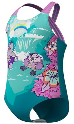 Speedo Learn to Swim Printed Crossback Swimsuit | Chlorine Resistant | Recycled Fabric | Stretchy Fabric Costume da Bagno per Bambina, Neon Violet, 6 Mois-9 Mois