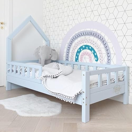 Hausbett 160x200 Mit Rausfallschutz Himmelblau - LILO NUO - Kinderbett 160x200 Solid - Kinderbett Haus - Rausfallschutz Bett Holz für Kinderzimmer - Kinderbett Mädchen und Jungen